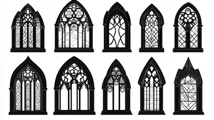 Gothic church windows and medieval arch vector silhouettes. Black stained glass frames. European architecture and cathedral interior elements.