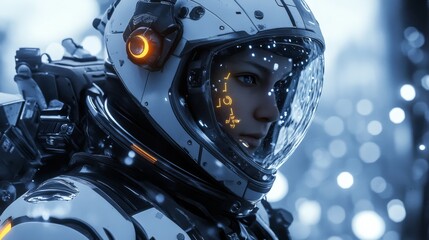 A detailed digital rendering of an astronaut in a futuristic helmet, set against a backdrop of shimmering particles and a soft blue hue.