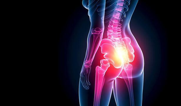 3D rendering of sciatic nerve pain, lower back and hip. Sciatic pain visualization with glowing effects in the hip and spine area for medical campaigns, injury prevention, healthcare marketing