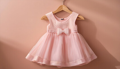 Obraz premium dress, princess, baby, child, pink, color, on, a, rosa, hanger, with, wall, background, isolated, new, cute, fashion, beauty, elegance, celebration, clothes, style, cloth, closeup, copy space, card, 1