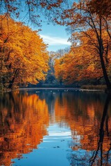 Obraz premium Tranquil autumn reflection in a serene lake surrounded by vivid orange trees
