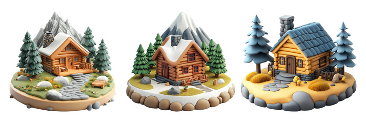 Obraz premium Rustic Winter Cabins in Snowy Mountain Landscapes With Pine Trees