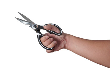 Male person hand holding scissor, cut out isolated