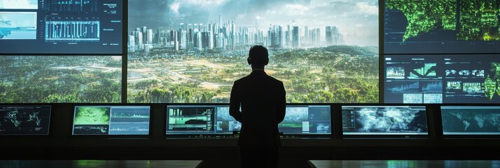 Futuristic climate change analyst monitors real-time data in an eco-friendly control room with green landscapes in view. Generative AI