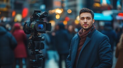 A cameraman with a professional video camera in a city setting