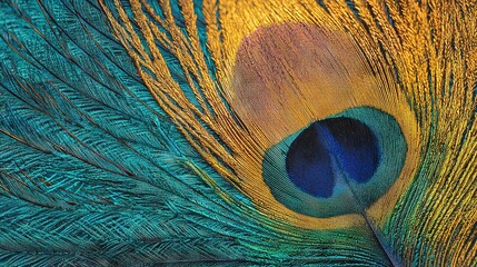 Obraz premium A peacock's close-up shows its tail feathers in hues of blue, yellow, and green