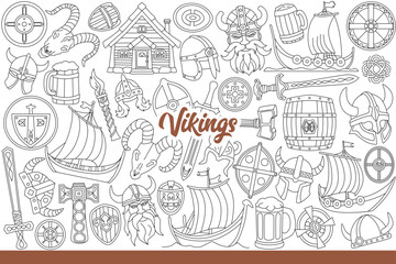 Viking logo near armor and ships or weapons belonging to ancient scandinavian robbers. Helmets to protect viking heads in battle and sea vessels of medieval nordic sailors. Hand drawn.