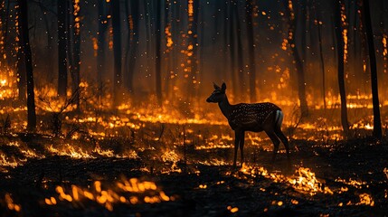 A deer stands in a burning forest. This photo is ideal for representing the devastating effects of wildfire on wildlife.