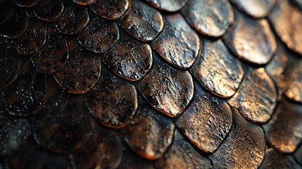   A close-up of a snake's skin with numerous coins arranged along its backside