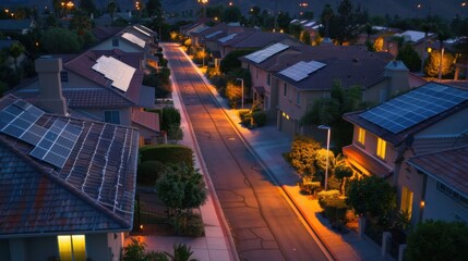 Naklejka premium Eco-Friendly Solar Powered Streetlights in Neighborhood