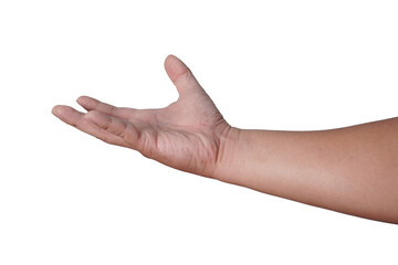 Male person hand receiving gesture, asking for help or donation, cut out isolated