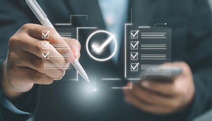 Businessman checking tasks on digital device, white isolate background