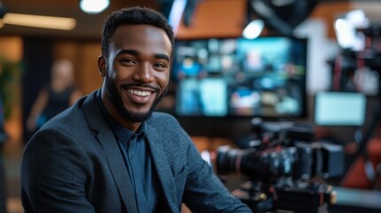 A Smiling Man in a Blazer Stands Before a Camera in a Studio Setting
