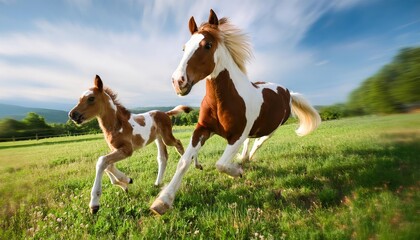 Pinto mare and red foal run on spring green meadow