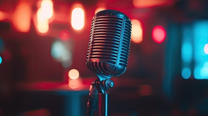 Vintage microphone in a club. This photo can be used for music, entertainment, and performance-related projects.