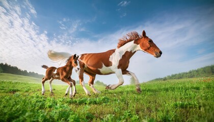Pinto mare and red foal run on spring green meadow