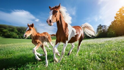Fototapeta premium Pinto mare and red foal run on spring green meadow