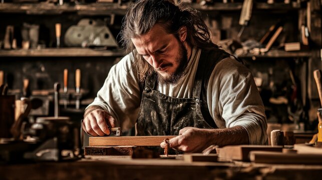 A Carpenter Working on a Piece of Wood in His Workshop