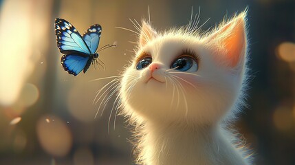 Fototapeta premium A focused photo of a cat with a butterfly perched on its head and a hazy depiction of a butterfly behind