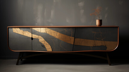 Modern Black  Gold Sideboard with Cracked Pattern