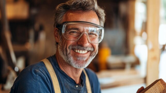 A smiling, middle-aged man wearing safety glasses in a workshop setting