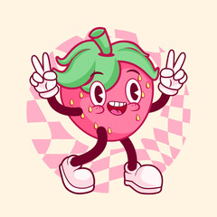 PEACE STRAWBERRY FRUIT VINTAGE MASCOT CHARACTER AND ILLUSTRATION