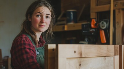 A Young Woman in a Red and Black Plaid Shirt and Green Overalls Looks Over Her Shoulder at a Wooden Cabinet in a Workshop.