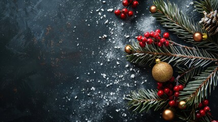 Snow Dusted Pine Branch with Red Berries and Ornaments