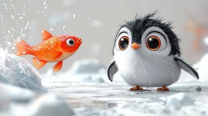 Fototapeta premium A penguin and a goldfish face each other in the water, observing one another