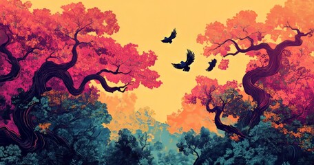 Vibrant autumn forest with colorful foliage and birds