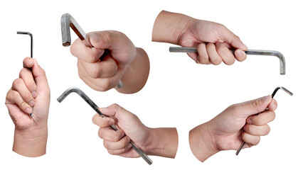 Set collection of male person hand holding hexagonal allen L key wrench, cut out isolated