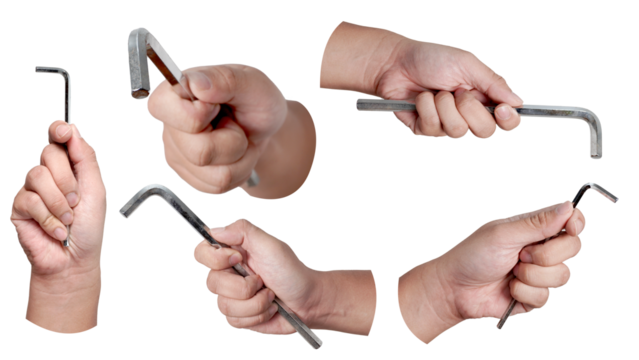 Set collection of male person hand holding hexagonal allen L key wrench, cut out isolated