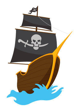 recommend clip art: Stylized cartoon pirate ship illustration with Jolly Roger and black sails. Cute vector icon. Pirate Ship sailing on water
