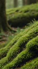 a small teddy bear sitting on a moss covered hill