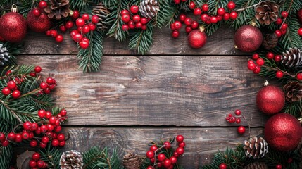 Top View of Christmas Tree Branches with Red Berries