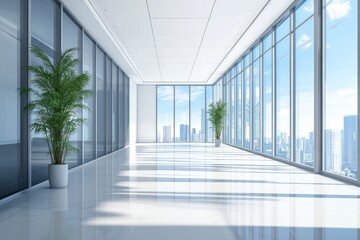Empty office hallway with large windows. Perfect for showcasing office space, modern design, and city views.