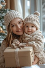 Obraz premium Mother and baby joyfully celebrating Christmas by the tree with a gift in hand