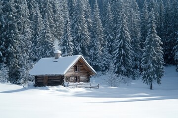 A Small Wooden Cabin in a Snowy Forest with Smoke Rising from its Chimney