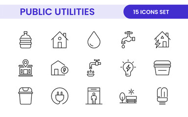 Public utilities linear signed icon collection. Signed thin line icons collection. Set of public utilities simple outline icons.
