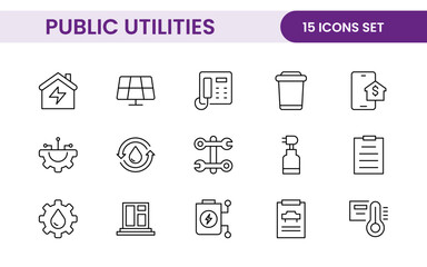 Public utilities linear signed icon collection. Signed thin line icons collection. Set of public utilities simple outline icons.