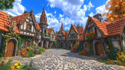 Fototapeta premium Charming Medieval Village with Blocky Houses and Cobblestones