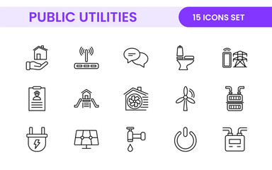 Public utilities linear signed icon collection. Signed thin line icons collection. Set of public utilities simple outline icons.