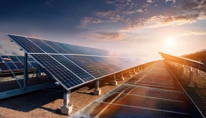 Solar panels generate power energy on blue sky at daytime 