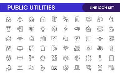 Public utilities linear signed icon collection. Signed thin line icons collection. Set of public utilities simple outline icons.
