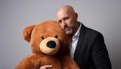 A bald man in a formal suit holds a large brown teddy bear against a plain background, conveying warmth and a sense of nostalgia