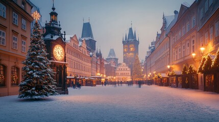 Fototapeta premium Evening winter market in Prague with festive lights, snow-covered streets, and historical buildings