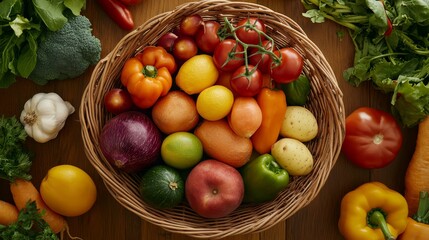 A basket filled with various fresh vegetables and fruits, including tomatoes, bell peppers, apples, and leafy greens on a wooden surface.