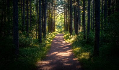 Fototapeta premium A serene forest path illuminated by soft, dappled sunlight, casting long shadows on the earthy trail, Generative AI 