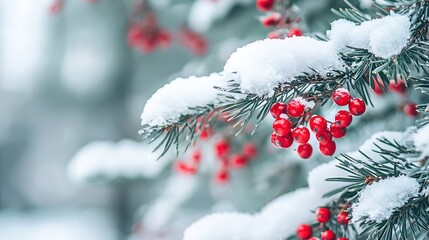   A close-up of a pine tree with red berries on its needles and snow on its branches