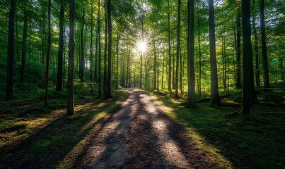 Fototapeta premium A serene forest path illuminated by soft, dappled sunlight, casting long shadows on the earthy trail, Generative AI 